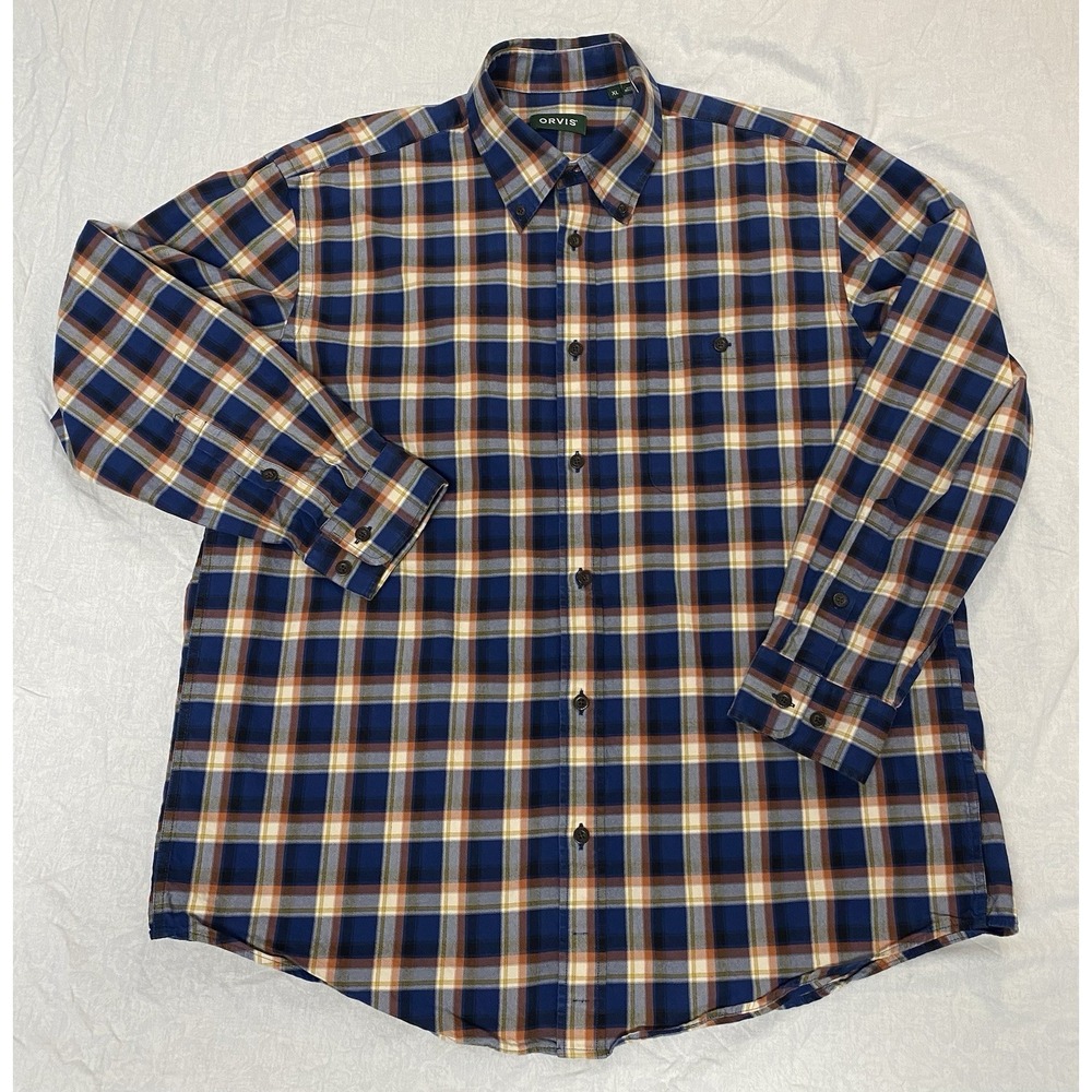 Orvis Plaid Button Down Shirt XL Blue Orange Cotton Long Sleeve